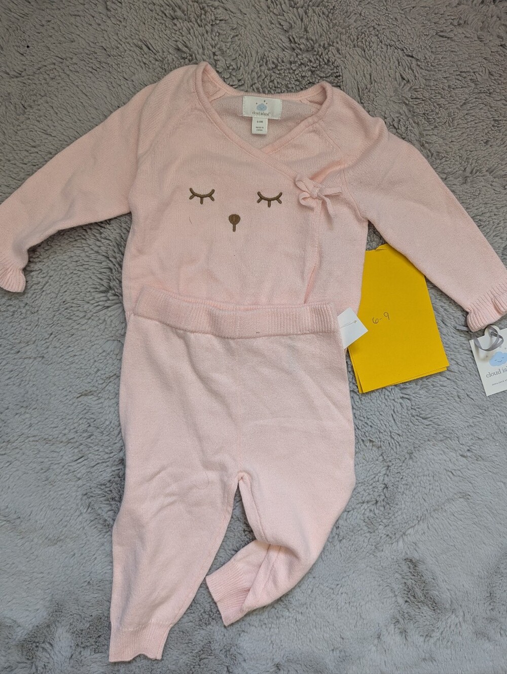 NWT Cloud Island Pink Knit Sleeping Face Sweater & Pants Set | 6-9M